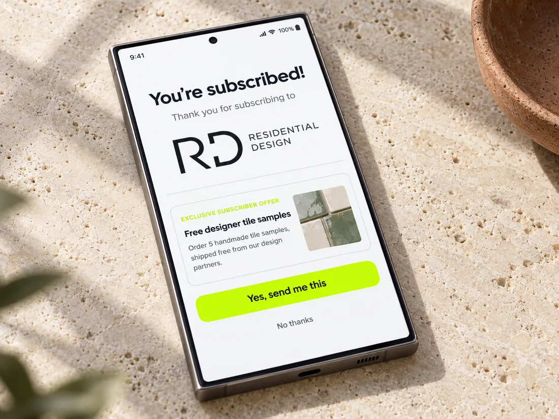A Residential Design subscription thank-you page with an advertiser offer, on an Android phone